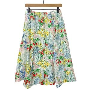 Vintage Floral Midi Skirt Garden Flowers Pleated Button Front Elastic Waist S